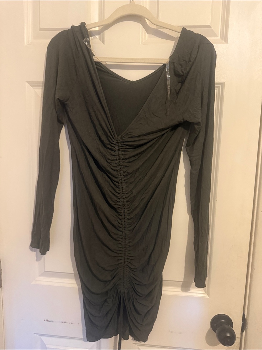 Fashion Nova Olive Ruched Long-Sleeve V-Neck Dress